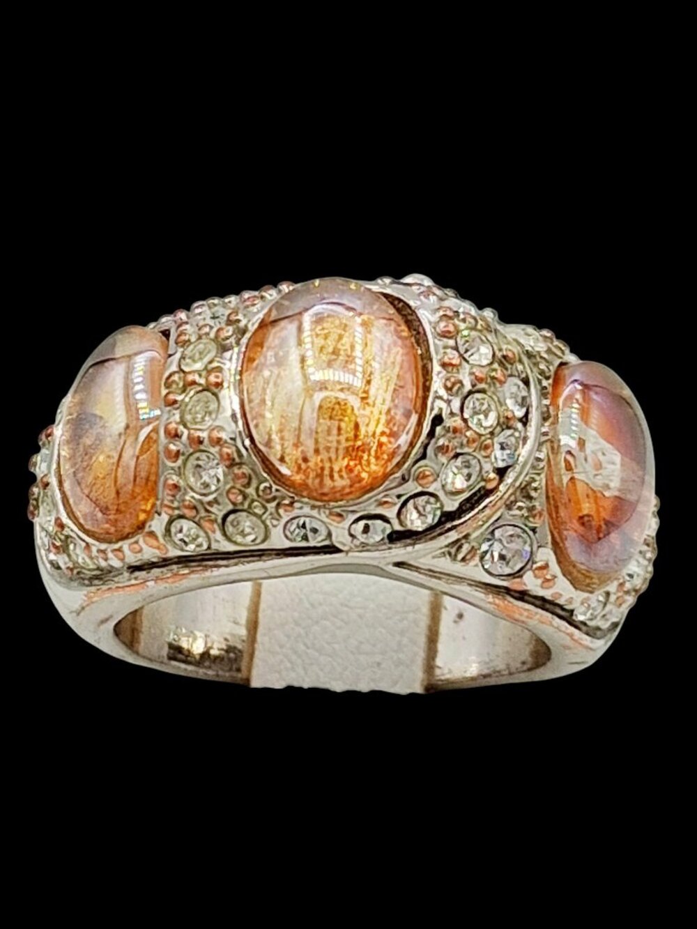 Vintage 3 Stone Band Ring Peach Iridescent Glass Rhinestones Sz 7.75